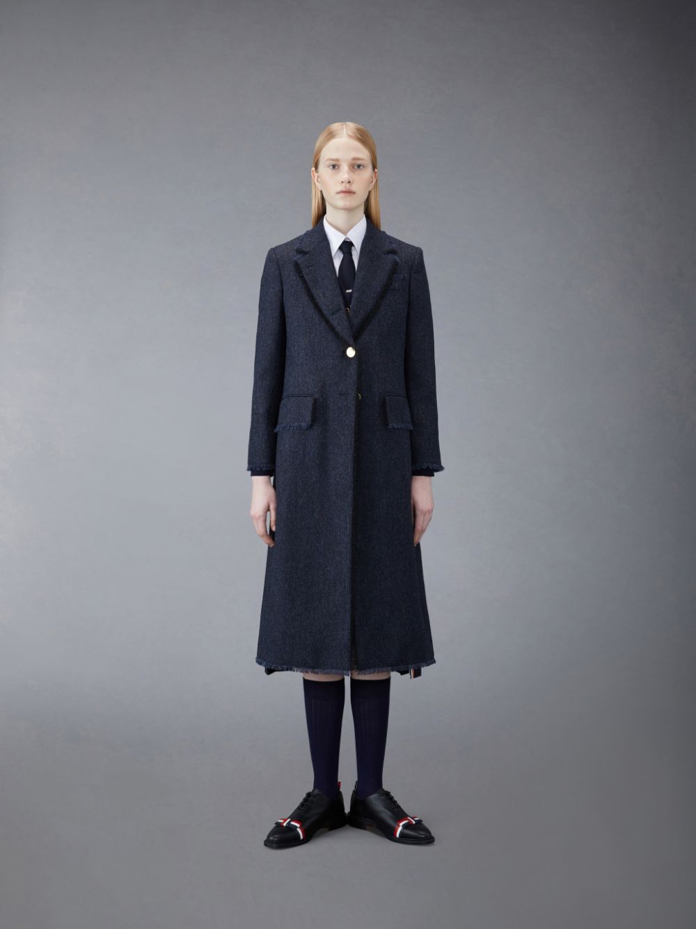 Thom Browne Donegal Tweed Wide Lapel Women Coats Blue | ZIZ37O80867