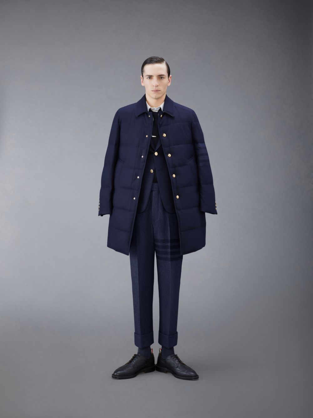 Thom Browne Downfilled Flannel 4-Bar Bal Collar Men Coats Blue | XZI20D01367