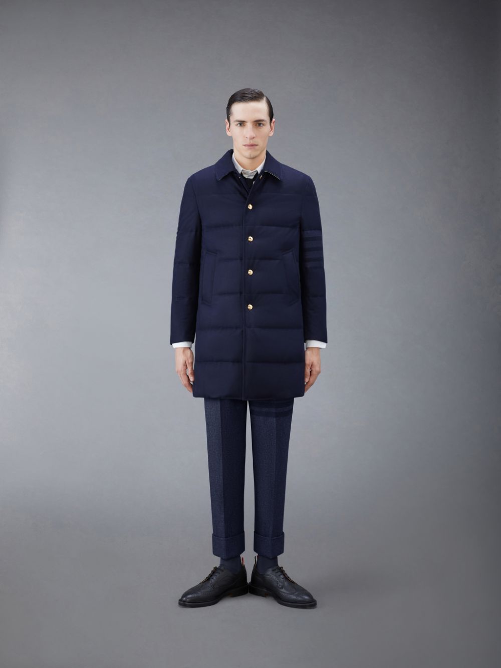 Thom Browne Downfilled Flannel 4-Bar Bal Collar Men Coats Blue | XZI20D01367