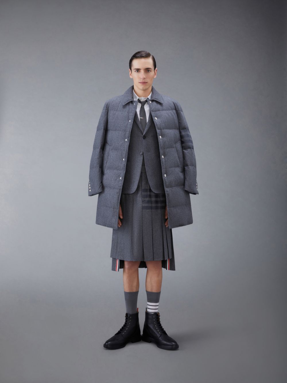 Thom Browne Downfilled Flannel 4-Bar Bal Collar Men Coats Grey | PVH39U64200