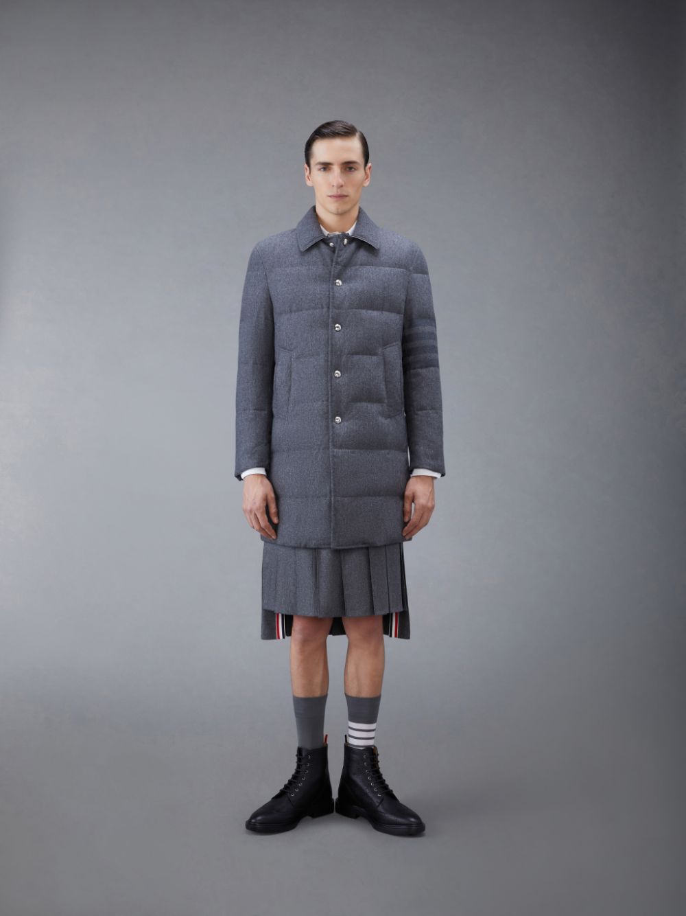 Thom Browne Downfilled Flannel 4-Bar Bal Collar Men Coats Grey | PVH39U64200