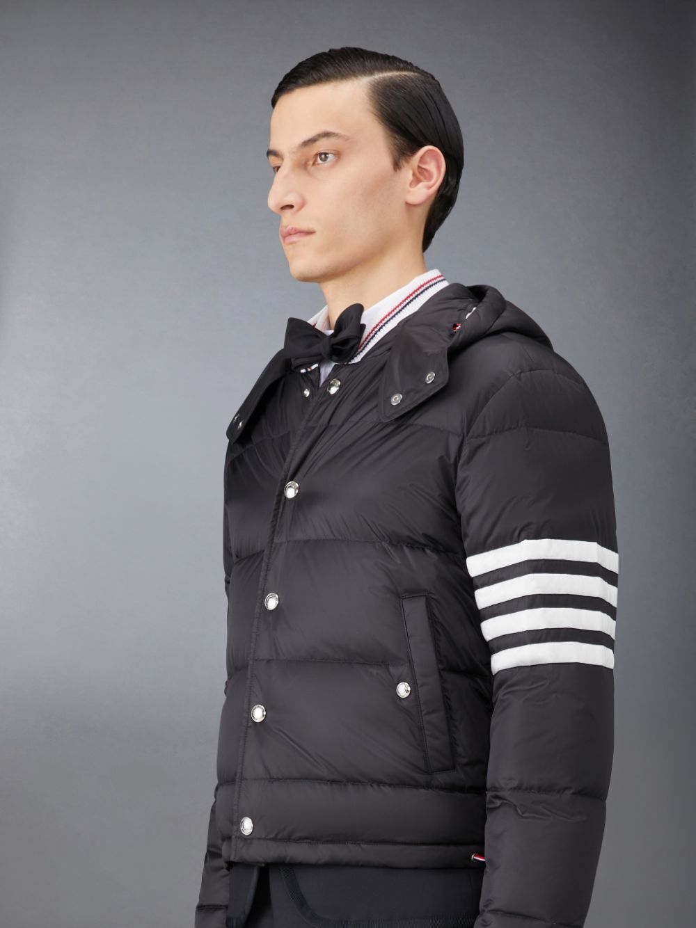 Thom Browne Downfilled Nylon 4-Bar Bomber Men Jackets Black | BUH76X38743