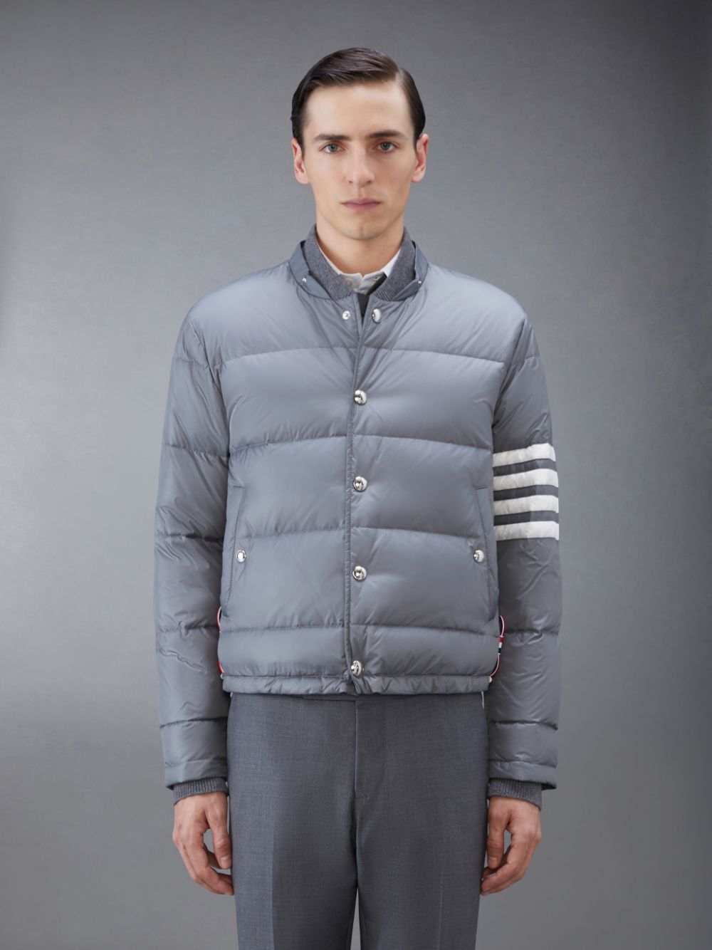 Thom Browne Downfilled Nylon 4-Bar Bomber Men Jackets Grey | CZG01X45512