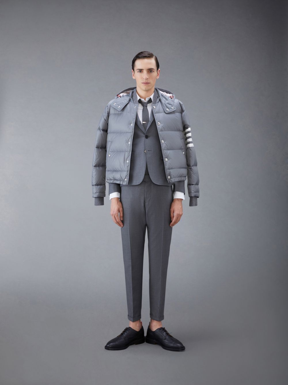 Thom Browne Downfilled Nylon 4-Bar Bomber Men Jackets Grey | CZG01X45512