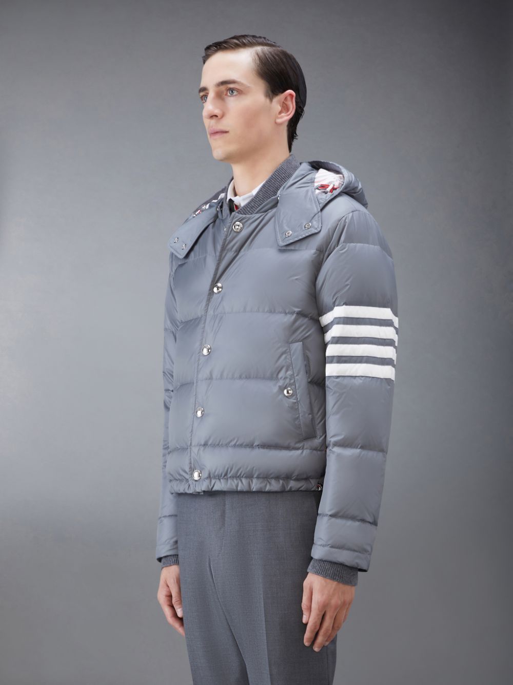 Thom Browne Downfilled Nylon 4-Bar Bomber Men Jackets Grey | CZG01X45512