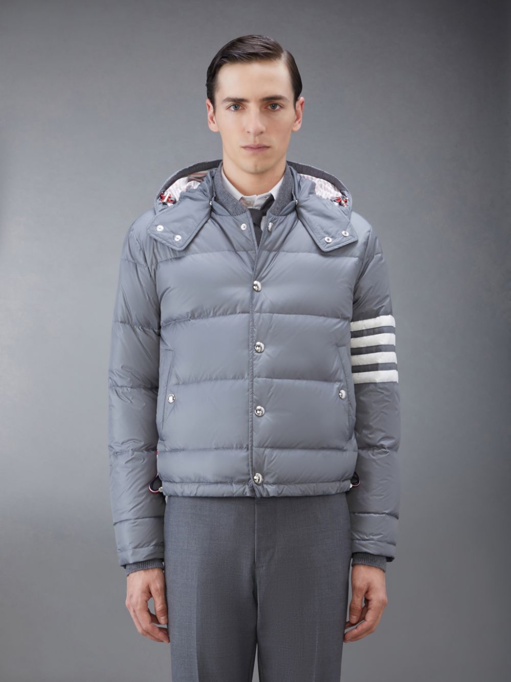 Thom Browne Downfilled Nylon 4-Bar Bomber Men Jackets Grey | CZG01X45512