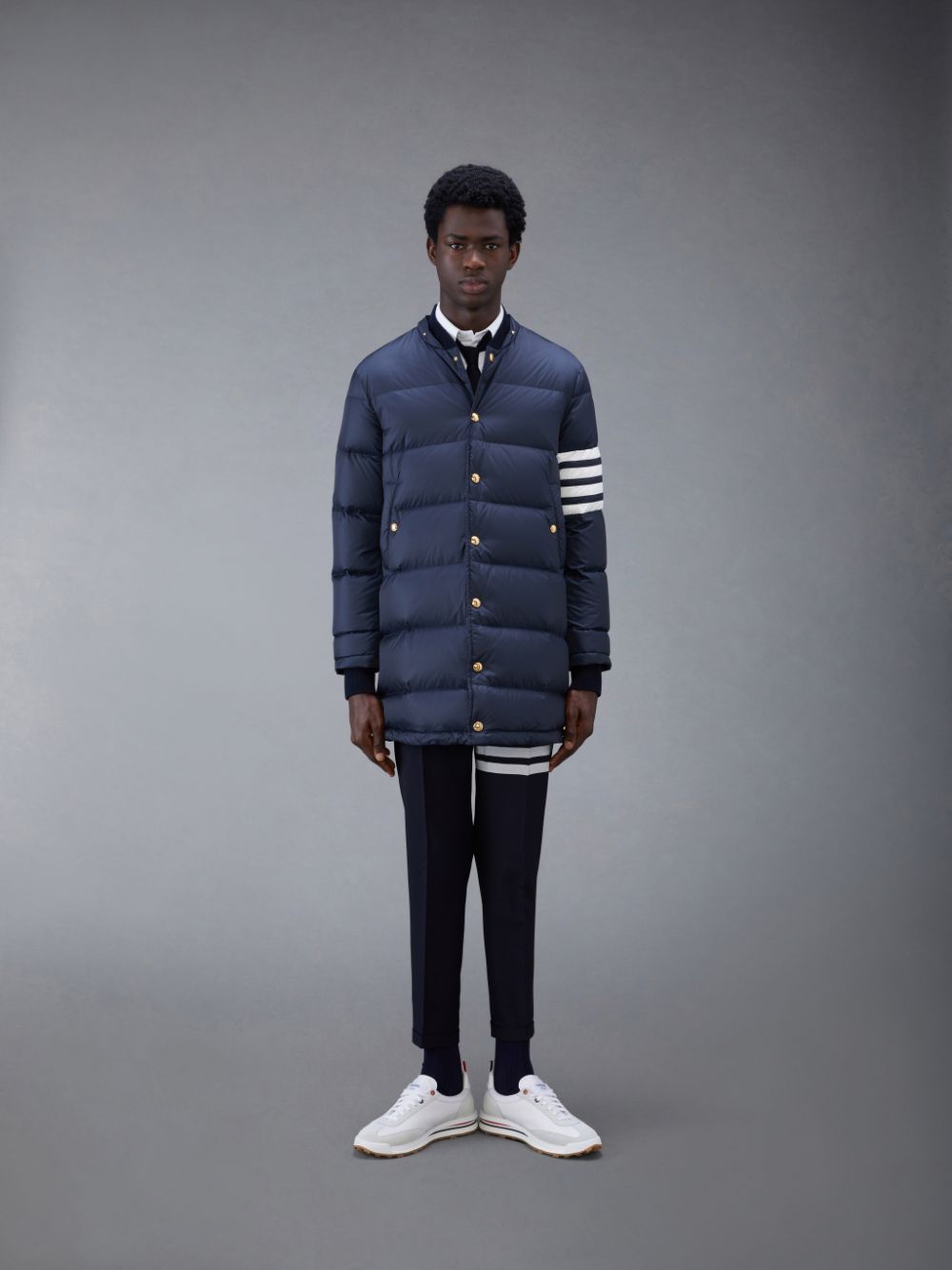 Thom Browne Downfilled Nylon 4-Bar Hooded Men Coats Blue | EAY38X56639