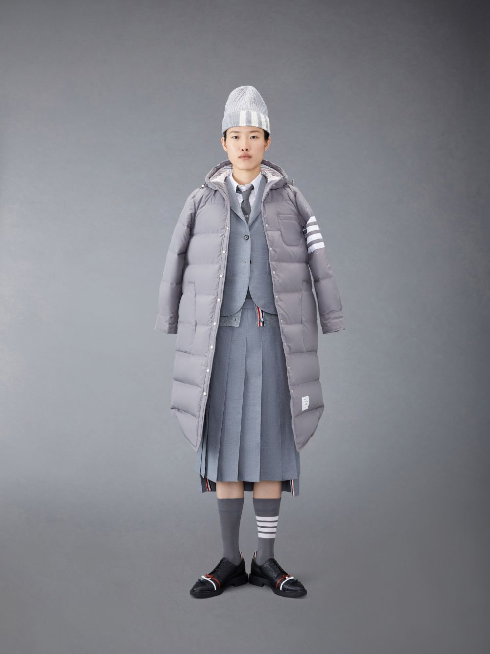 Thom Browne Downfilled Ripstop 4-Bar Hooded Shirtdress Women Coats Grey | PEL06U02767