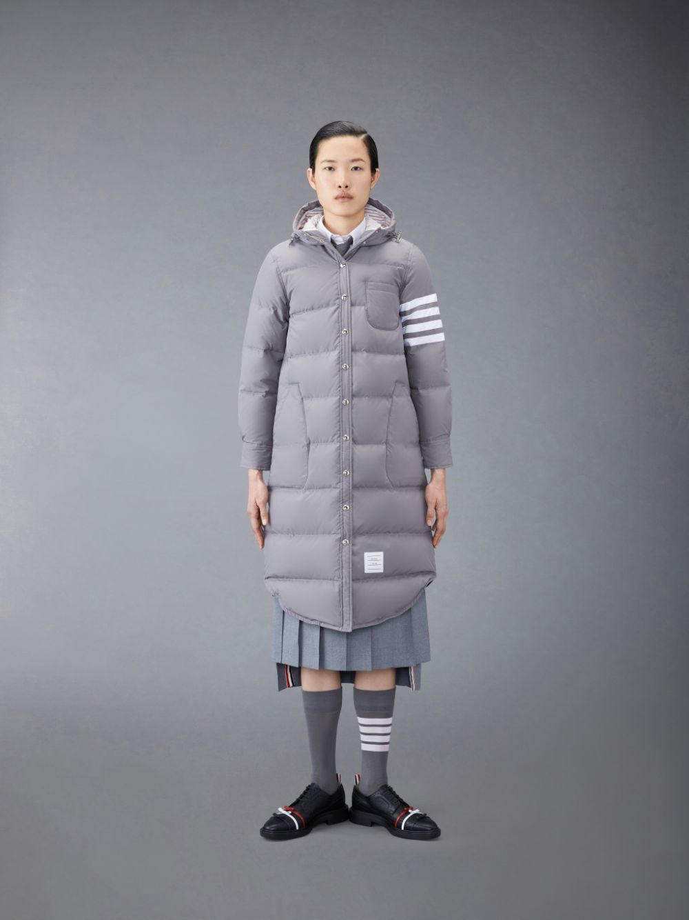 Thom Browne Downfilled Ripstop 4-Bar Hooded Shirtdress Women Coats Grey | PEL06U02767