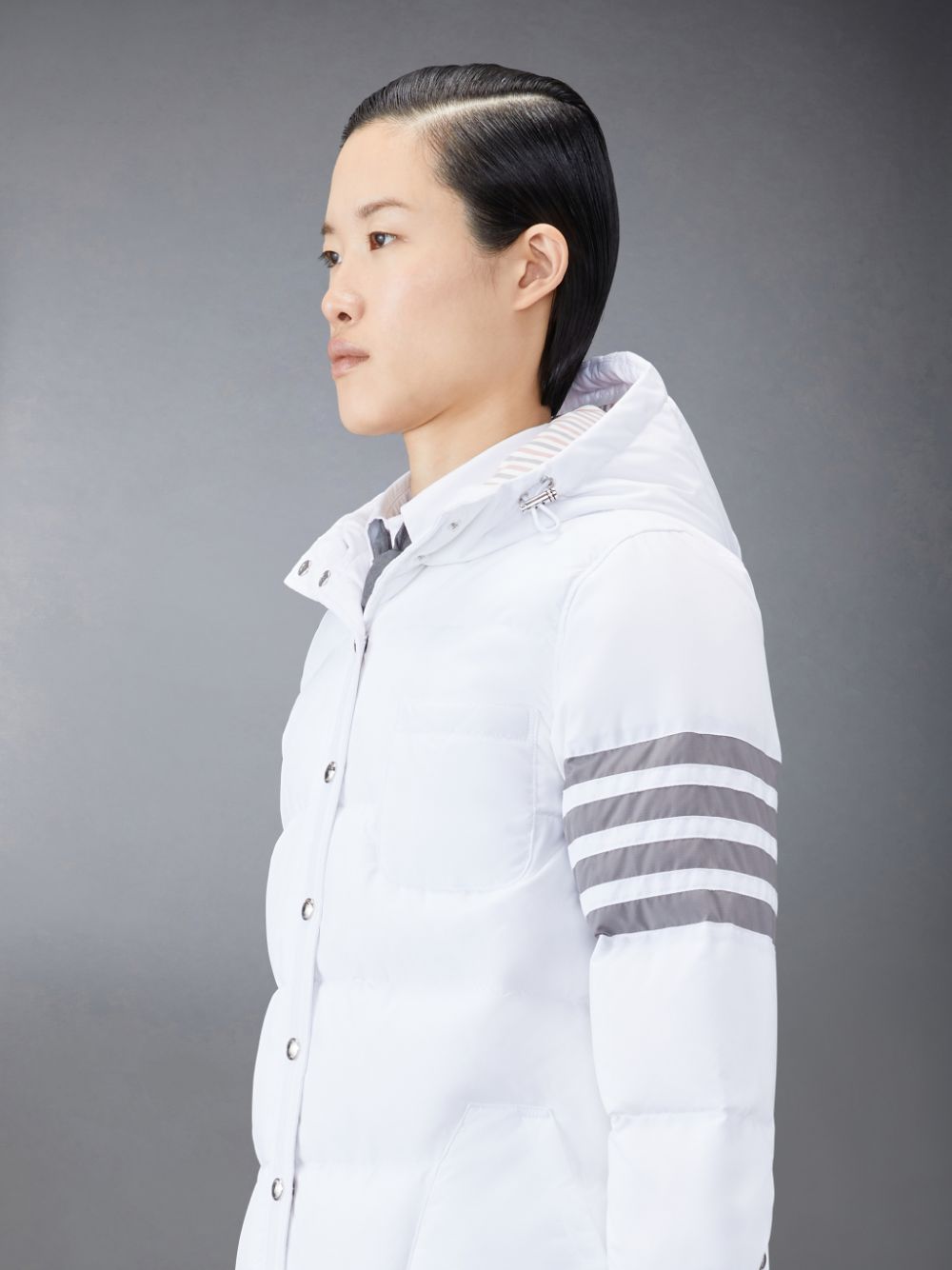 Thom Browne Downfilled Ripstop 4-Bar Hooded Shirtdress Women Coats White | EGU59B83084