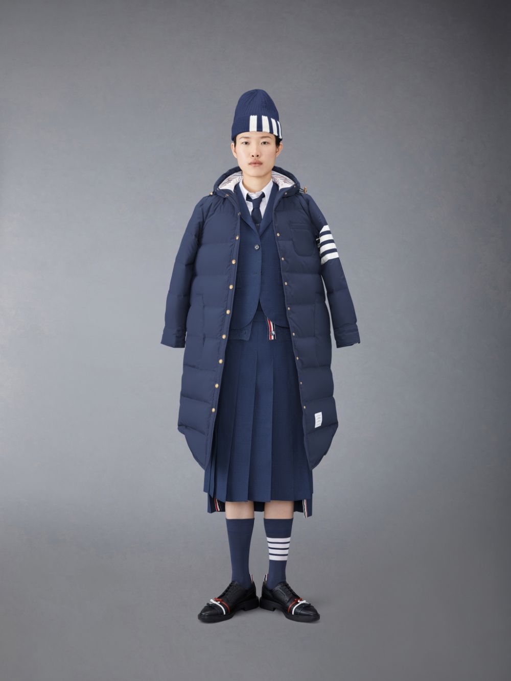 Thom Browne Downfilled Ripstop 4-Bar Hooded Shirtdress Women Coats Blue | EWZ10E92627