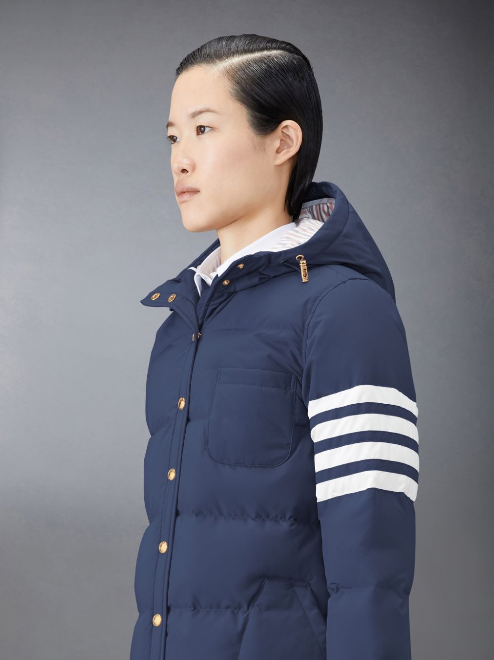 Thom Browne Downfilled Ripstop 4-Bar Hooded Shirtdress Women Coats Blue | EWZ10E92627