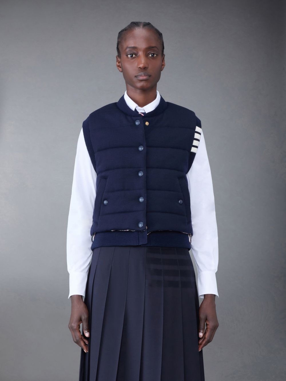 Thom Browne FINE MERINO AND JERSEY PADDED REVERSIBLE 4-BAR Women Vest Blue | GEL01H47364