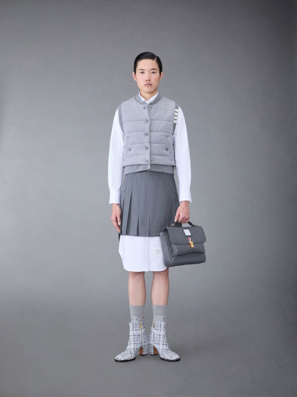 Thom Browne FINE MERINO AND JERSEY PADDED REVERSIBLE 4-BAR FUNNEL NECK Women Jackets Grey | AUF66Q11259