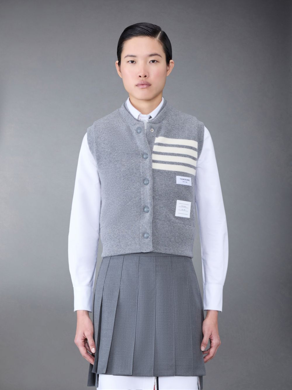 Thom Browne FINE MERINO AND JERSEY PADDED REVERSIBLE 4-BAR FUNNEL NECK Women Jackets Grey | AUF66Q11259