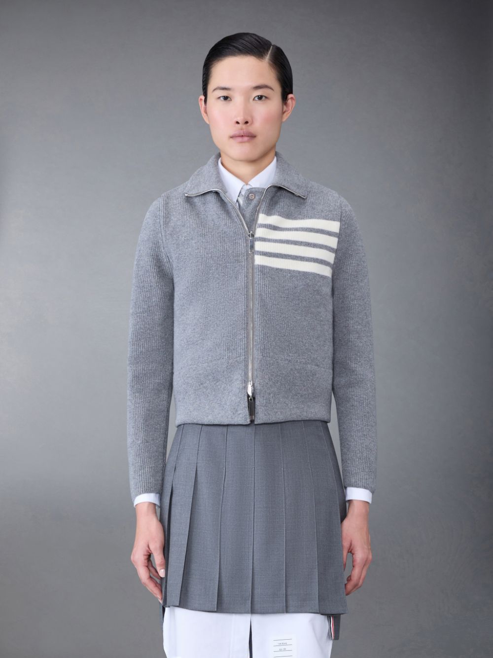 Thom Browne FINE MERINO AND JERSEY PADDED REVERSIBLE 4-BAR FUNNEL NECK Women Jackets Grey | TNR22D48880