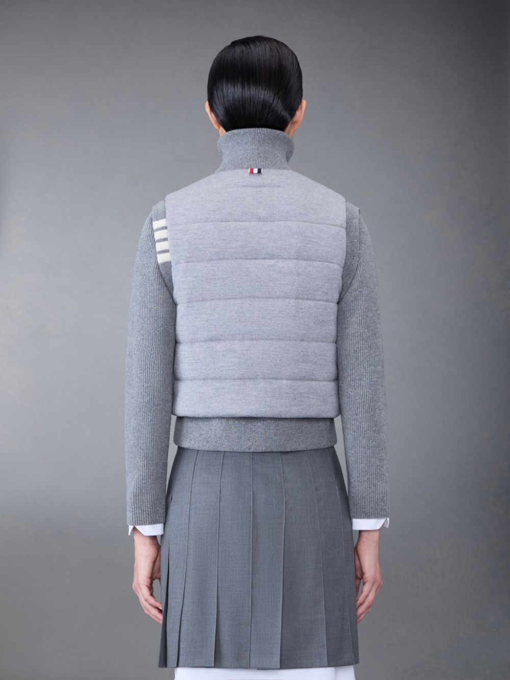 Thom Browne FINE MERINO AND JERSEY PADDED REVERSIBLE 4-BAR FUNNEL NECK Women Jackets Grey | TNR22D48880