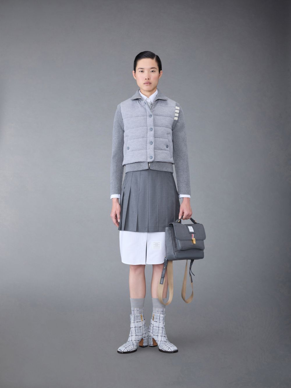 Thom Browne FINE MERINO AND JERSEY PADDED REVERSIBLE 4-BAR FUNNEL NECK Women Jackets Grey | TNR22D48880