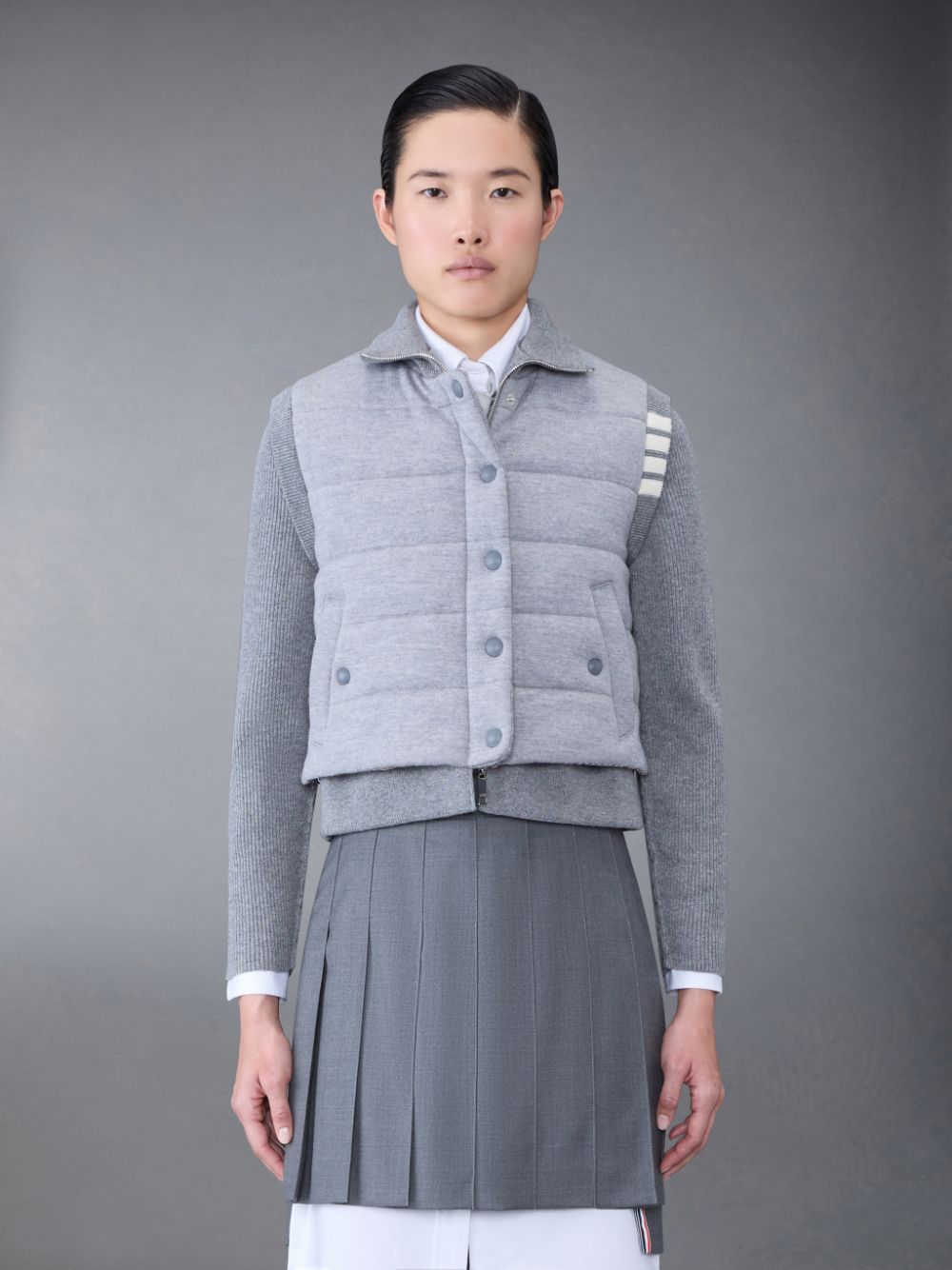 Thom Browne FINE MERINO AND JERSEY PADDED REVERSIBLE 4-BAR FUNNEL NECK Women Jackets Grey | TNR22D48880