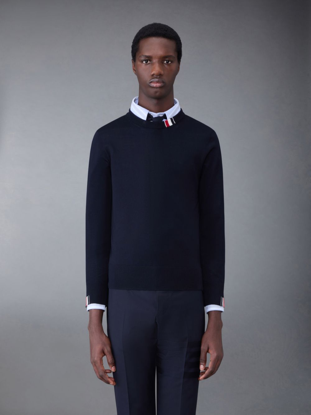 Thom Browne Fine Merino Jersey Stripe Relaxed Crew Neck Men Pullover Blue | ANB04U50355