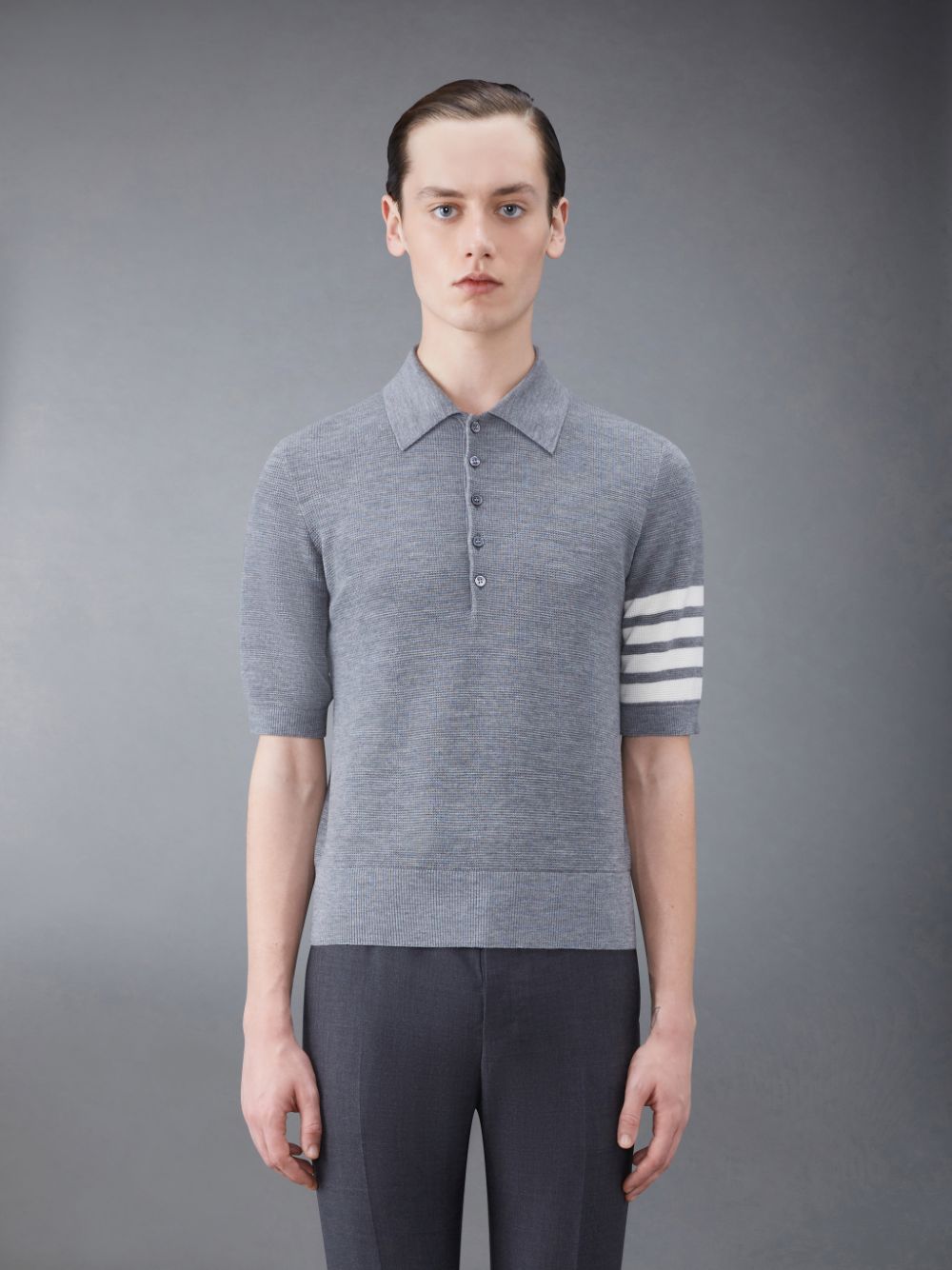 Thom Browne Fine Merino Waffle 4-Bar Short Sleeve Men Polo Shirt Grey | GFB38N01333