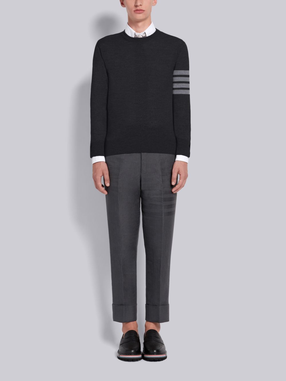 Thom Browne Fine Merino Wool 4-Bar Classic Crewneck Men Pullover Black | IHR55J54868