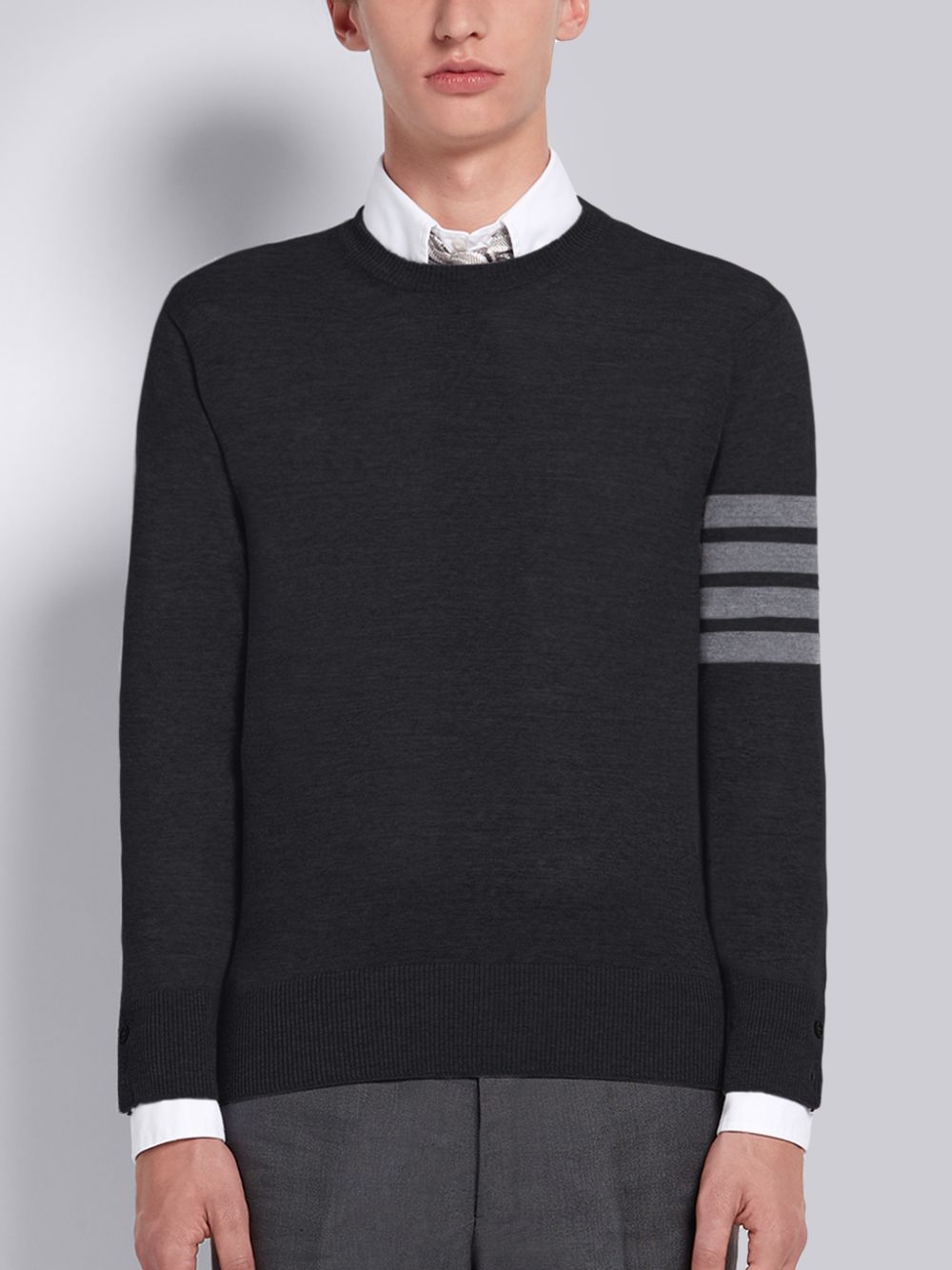 Thom Browne Fine Merino Wool 4-Bar Classic Crewneck Men Pullover Black | IHR55J54868