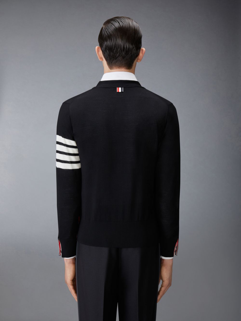 Thom Browne Fine Merino Wool V-neck 4-Bar Men Cardigan Black | SRU99A66926