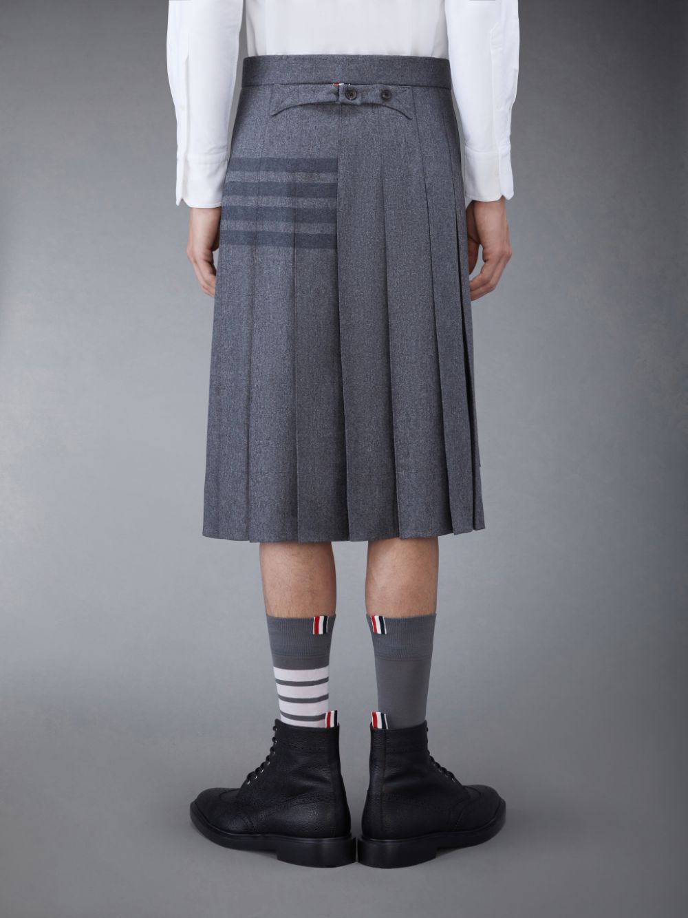 Thom Browne Flannel 4-Bar Knee Length Classic Pleated Men Skirts Grey | HLM70D40197