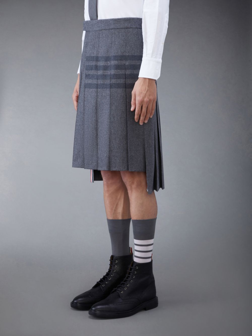 Thom Browne Flannel 4-Bar Knee Length Classic Pleated Men Skirts Grey | HLM70D40197