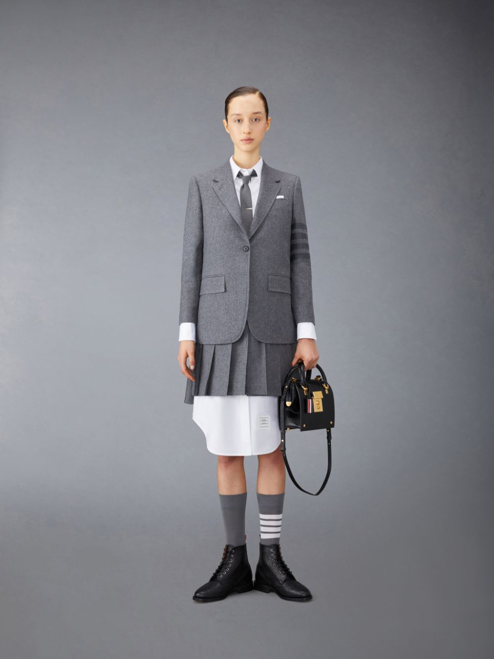 Thom Browne Flannel 4-Bar Pleated Mini Women Skirts Grey | GUF88O07514