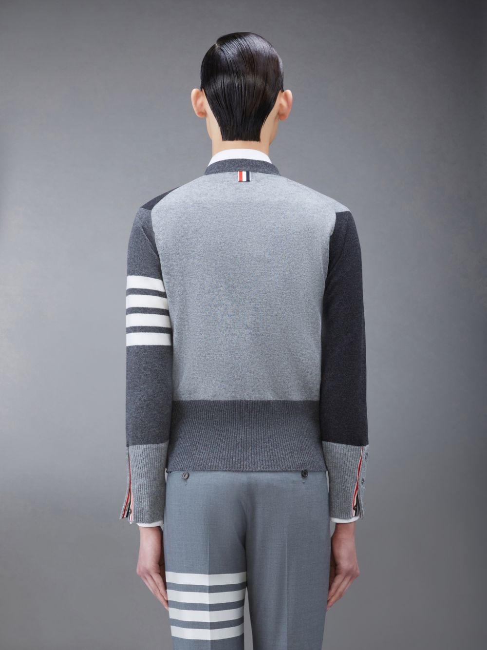 Thom Browne Funmix Cashmere 4-Bar V-Neck Men Cardigan Grey | KWU02L60081