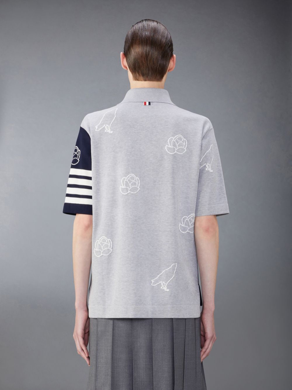 Thom Browne Funmix Cotton 4-Bar Rose and Raven Men Polo Shirt Blue | FXN05X23369