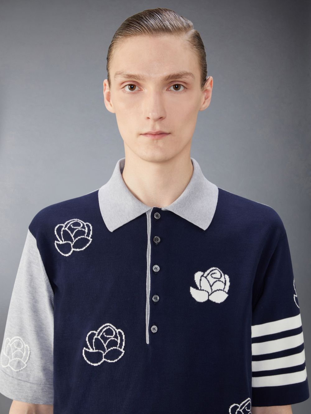 Thom Browne Funmix Cotton 4-Bar Rose and Raven Men Polo Shirt Blue | FXN05X23369