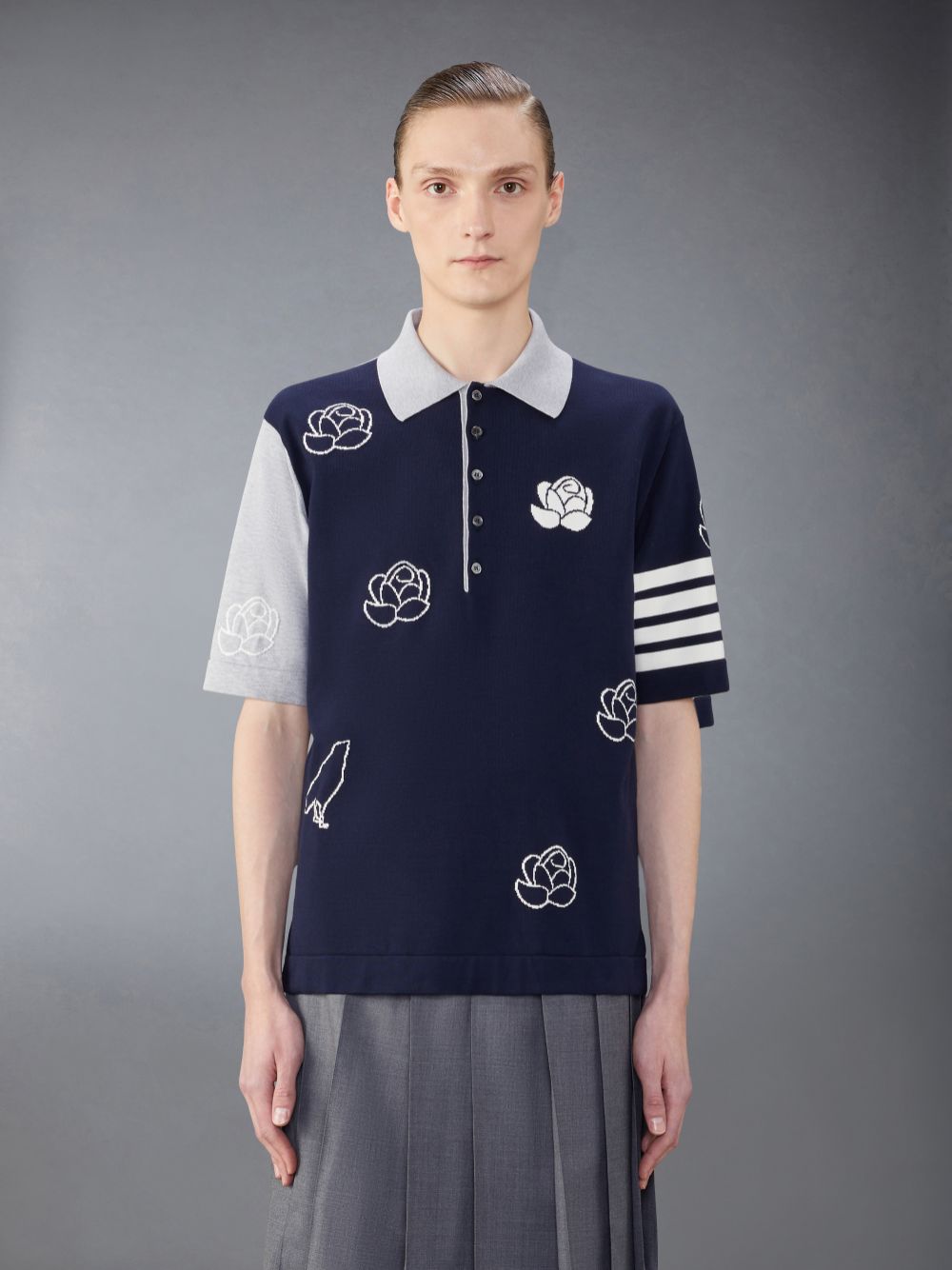 Thom Browne Funmix Cotton 4-Bar Rose and Raven Men Polo Shirt Blue | FXN05X23369