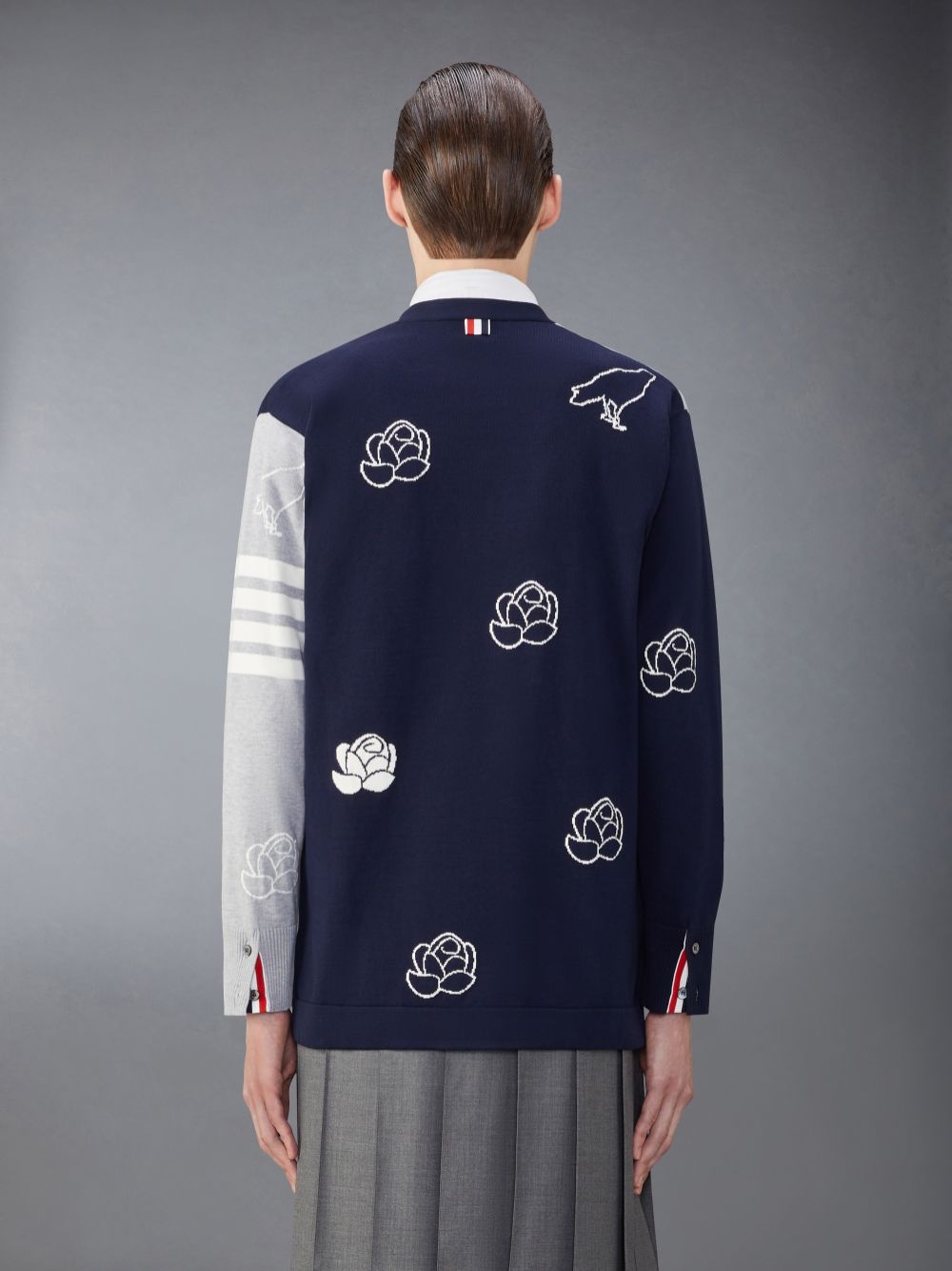 Thom Browne Funmix Cotton 4-Bar Rose and Raven Men Cardigan Blue | NPB10D87375