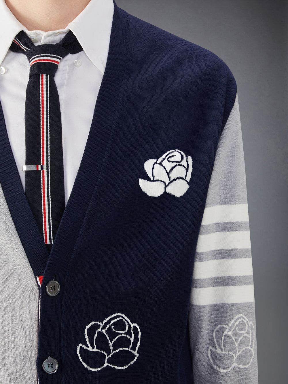 Thom Browne Funmix Cotton 4-Bar Rose and Raven Men Cardigan Blue | NPB10D87375