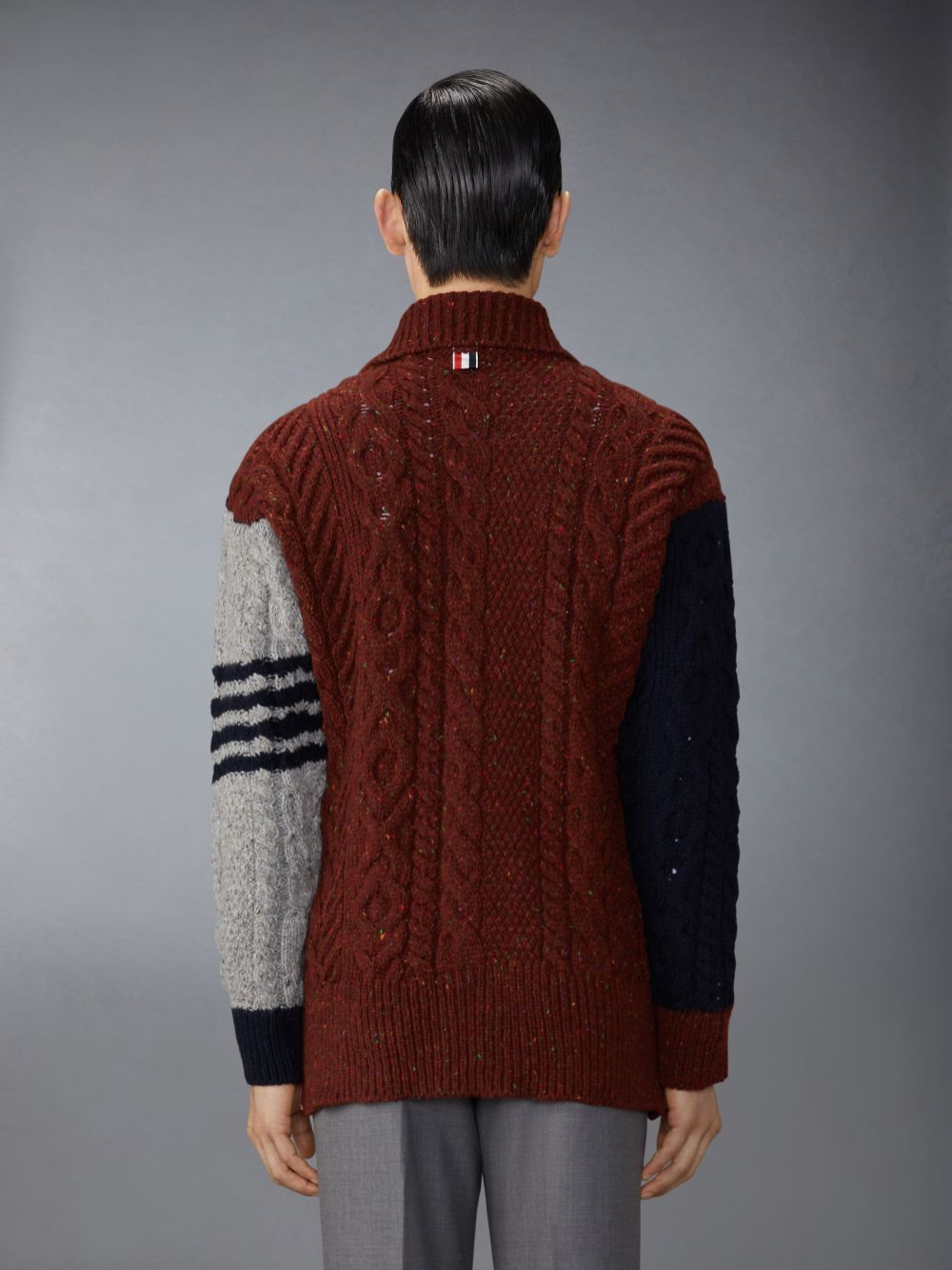 Thom Browne Funmix Donegal Mixed Cable Stitch 4-Bar Mock Neck Men Cardigan Blue | PPR12G36471