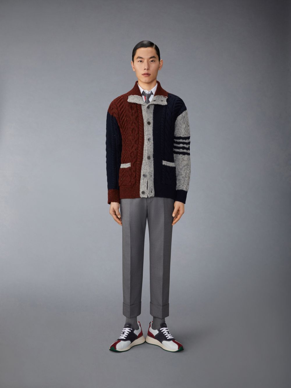 Thom Browne Funmix Donegal Mixed Cable Stitch 4-Bar Mock Neck Men Cardigan Blue | PPR12G36471