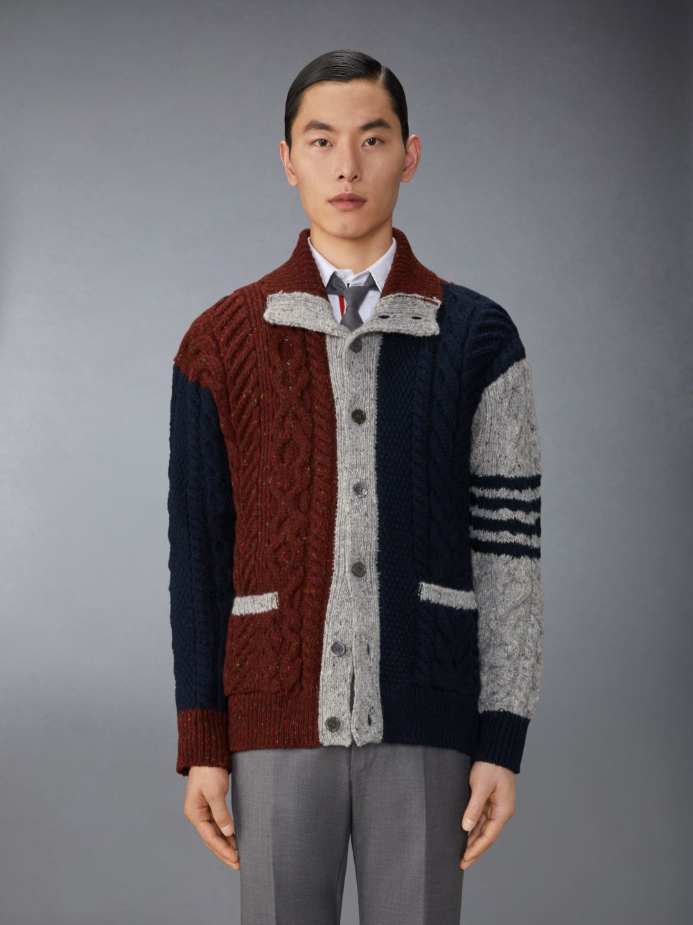 Thom Browne Funmix Donegal Mixed Cable Stitch 4-Bar Mock Neck Men Cardigan Blue | PPR12G36471