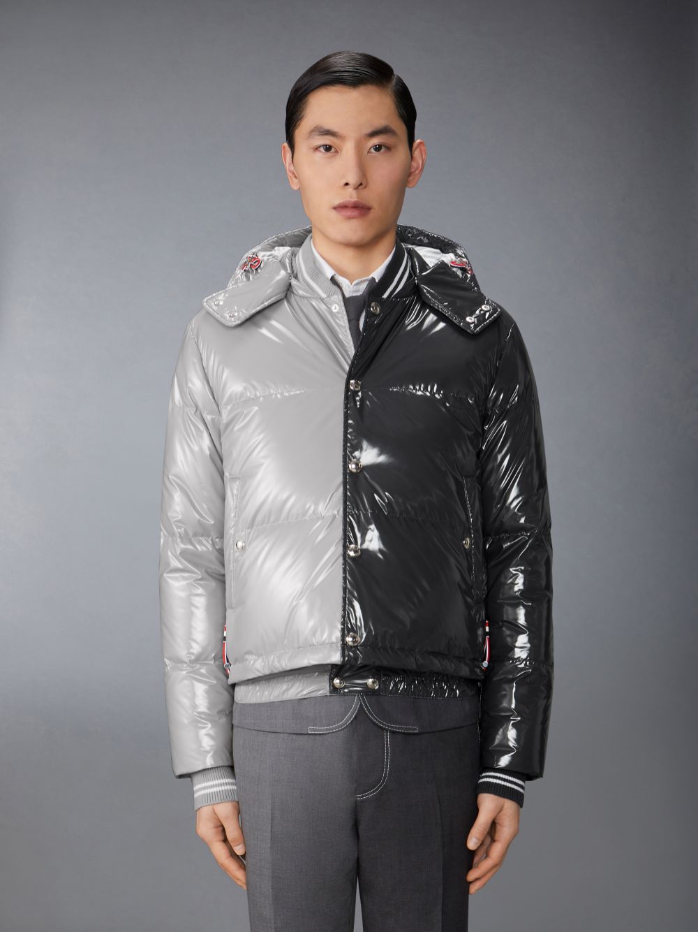 Thom Browne Funmix Glossy Tech Down Fill Detachable Hood Bomber Men Jackets Grey | FOS38R01095