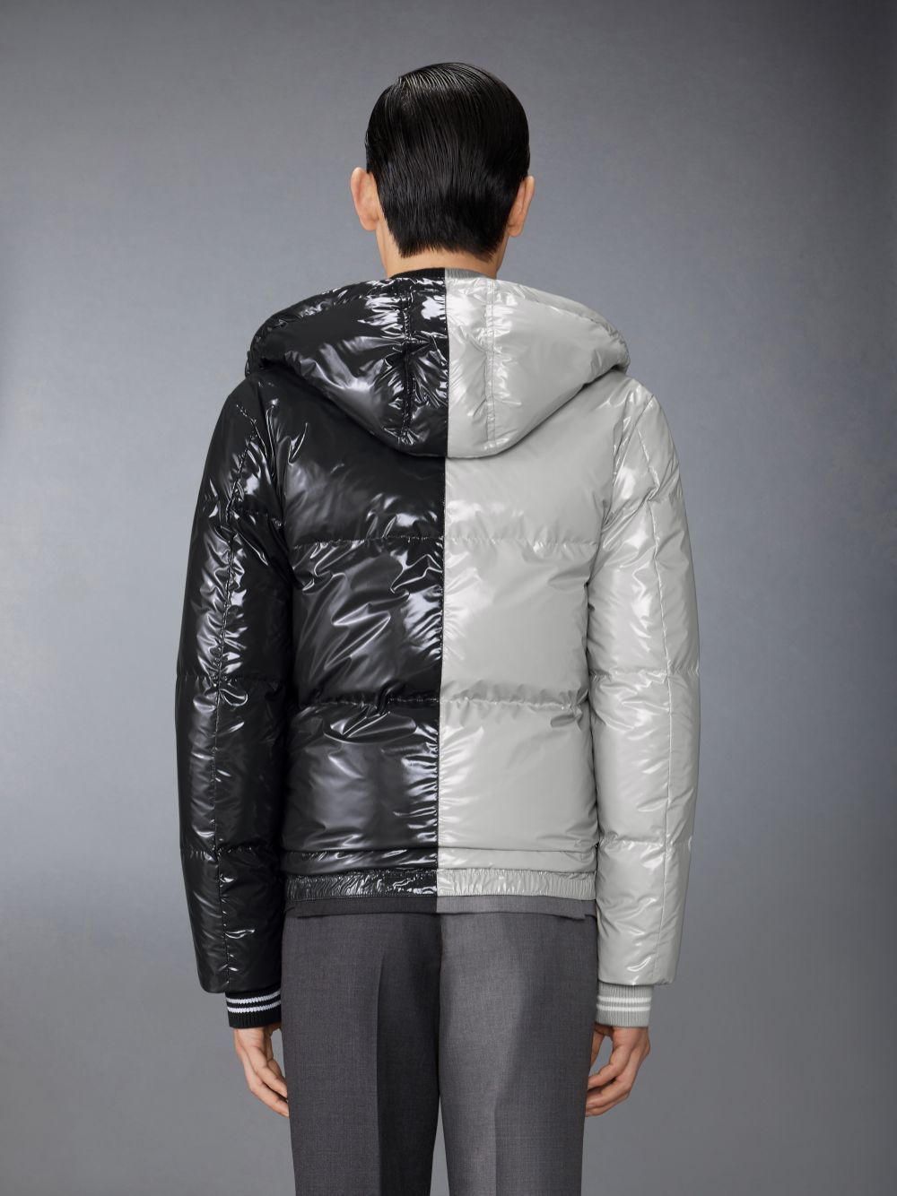 Thom Browne Funmix Glossy Tech Down Fill Detachable Hood Bomber Men Jackets Grey | FOS38R01095