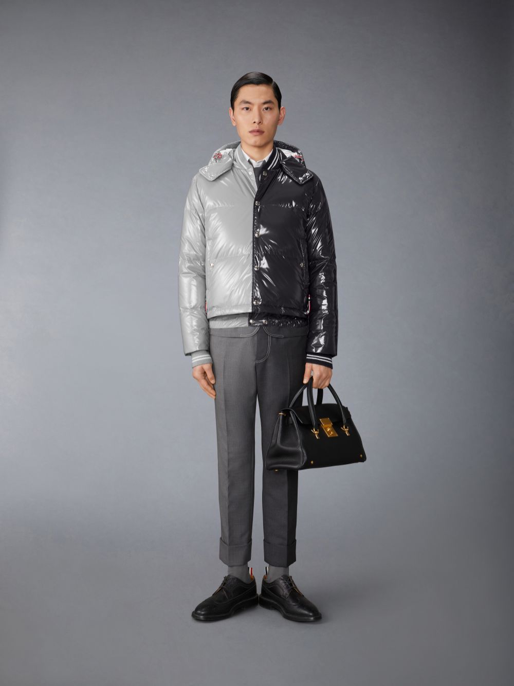 Thom Browne Funmix Glossy Tech Down Fill Detachable Hood Bomber Men Jackets Grey | FOS38R01095