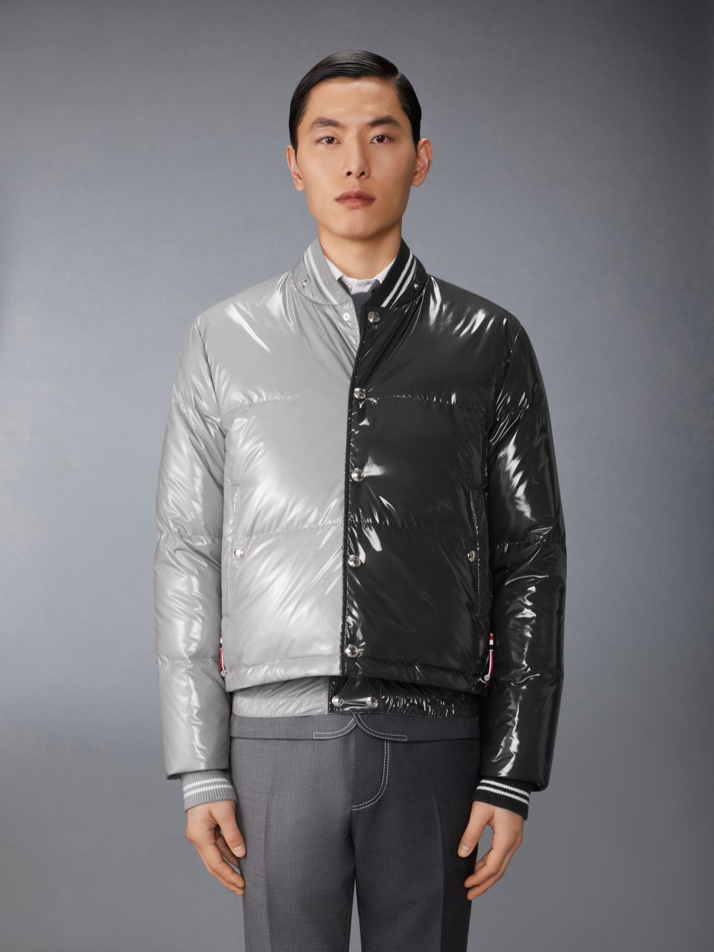 Thom Browne Funmix Glossy Tech Down Fill Detachable Hood Bomber Men Jackets Grey | FOS38R01095