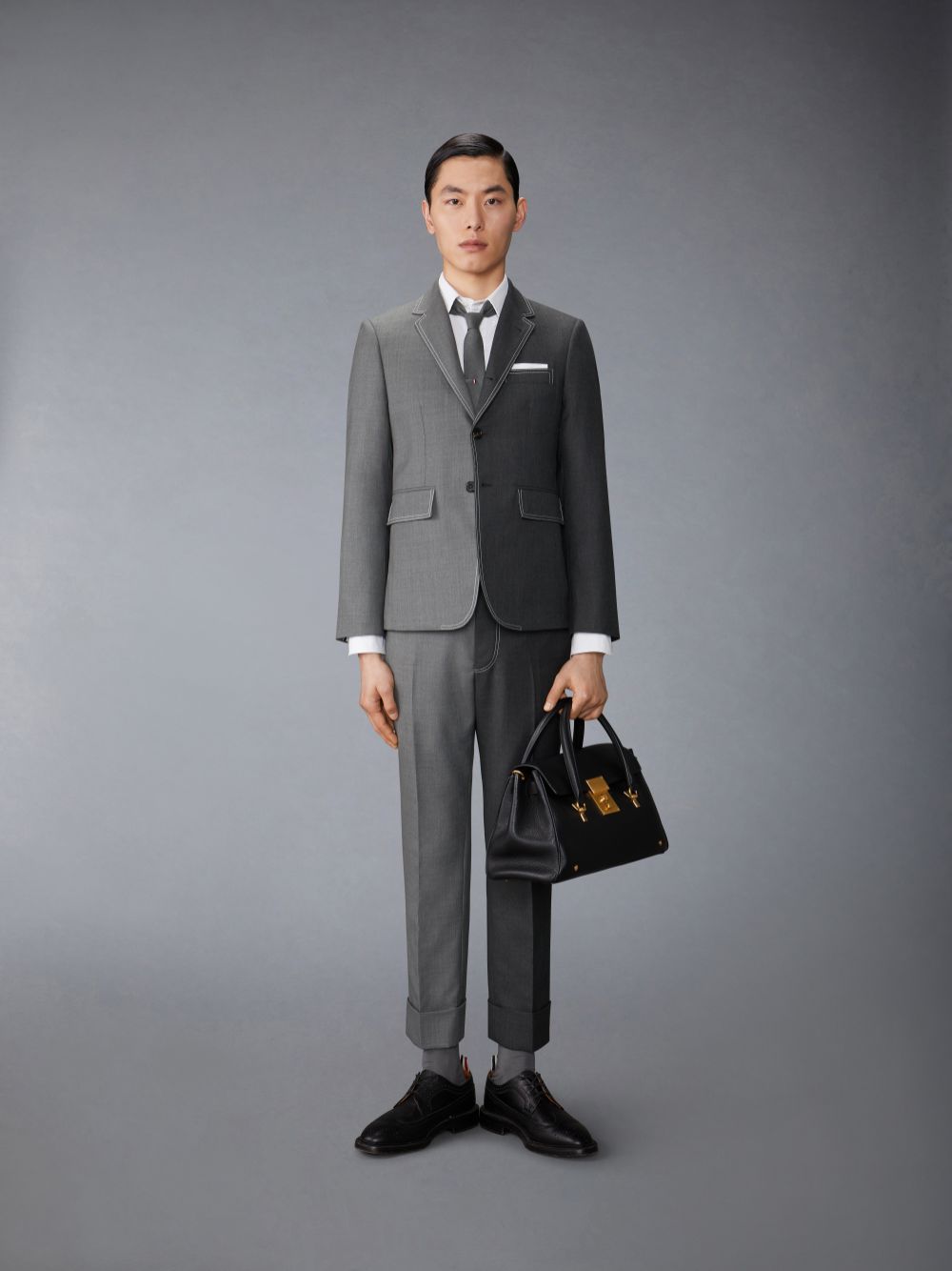 Thom Browne Funmix Twill Contrast Topstitching Classic Back Strap Men Pants Grey | OBJ70J17885