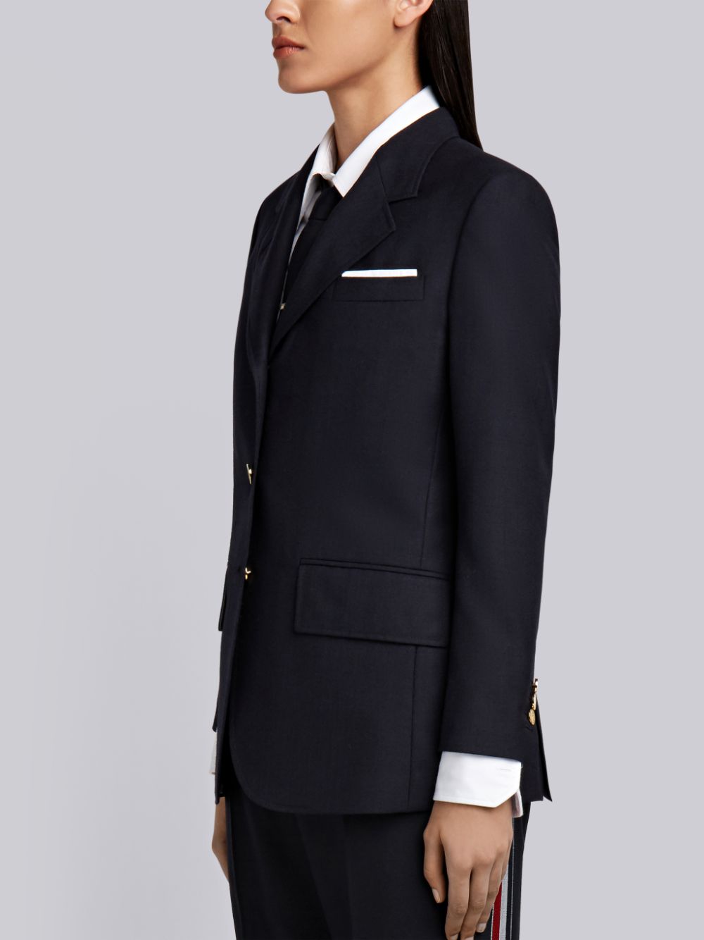 Thom Browne Grey 2-ply Fresco Wool Wide Lapel Sport Women Coats Navy | NAZ73X84034