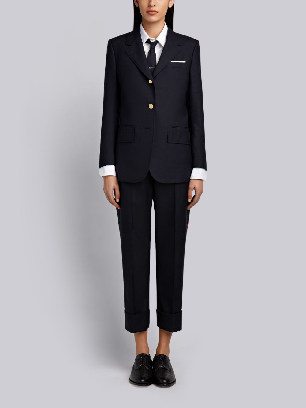 Thom Browne Grey 2-ply Fresco Wool Wide Lapel Sport Women Coats Navy | NAZ73X84034