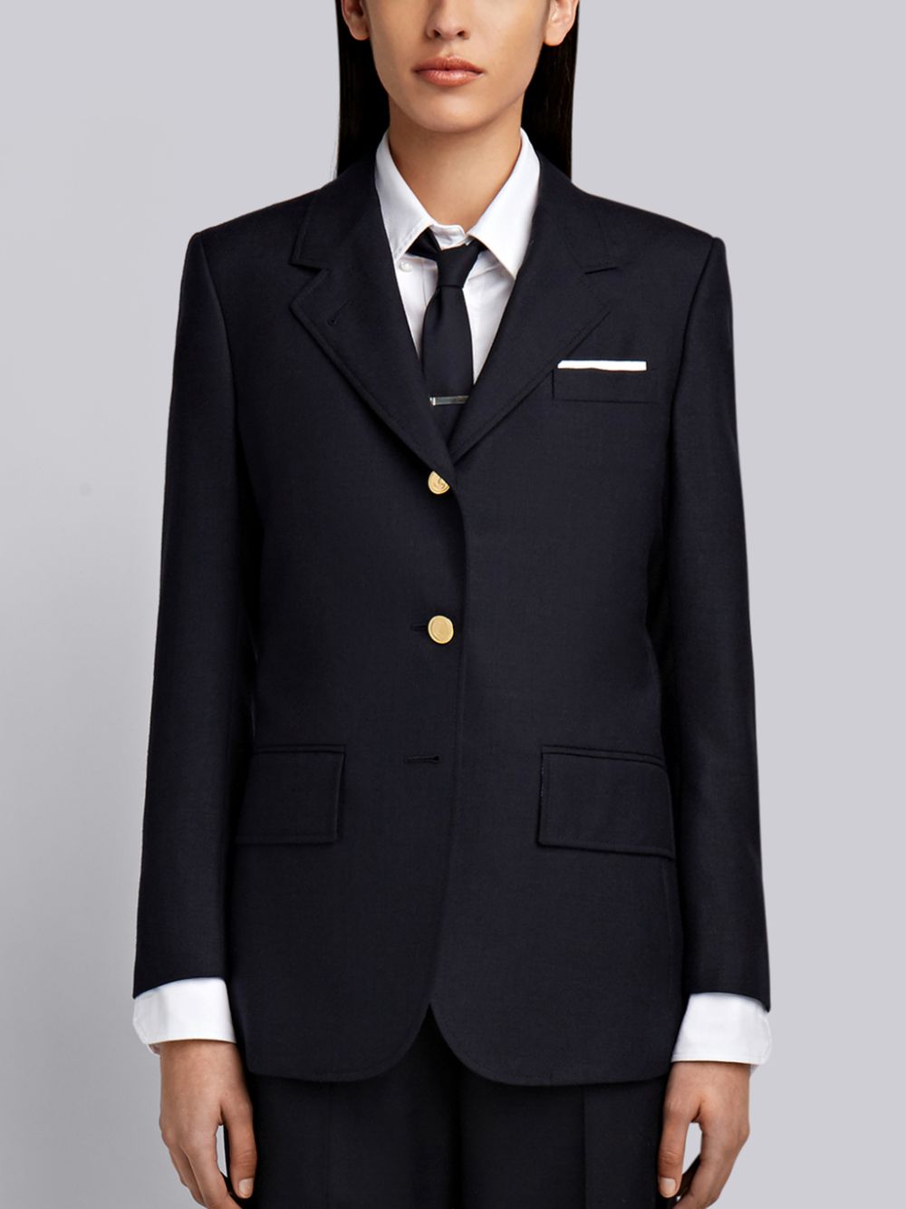 Thom Browne Grey 2-ply Fresco Wool Wide Lapel Sport Women Coats Navy | NAZ73X84034