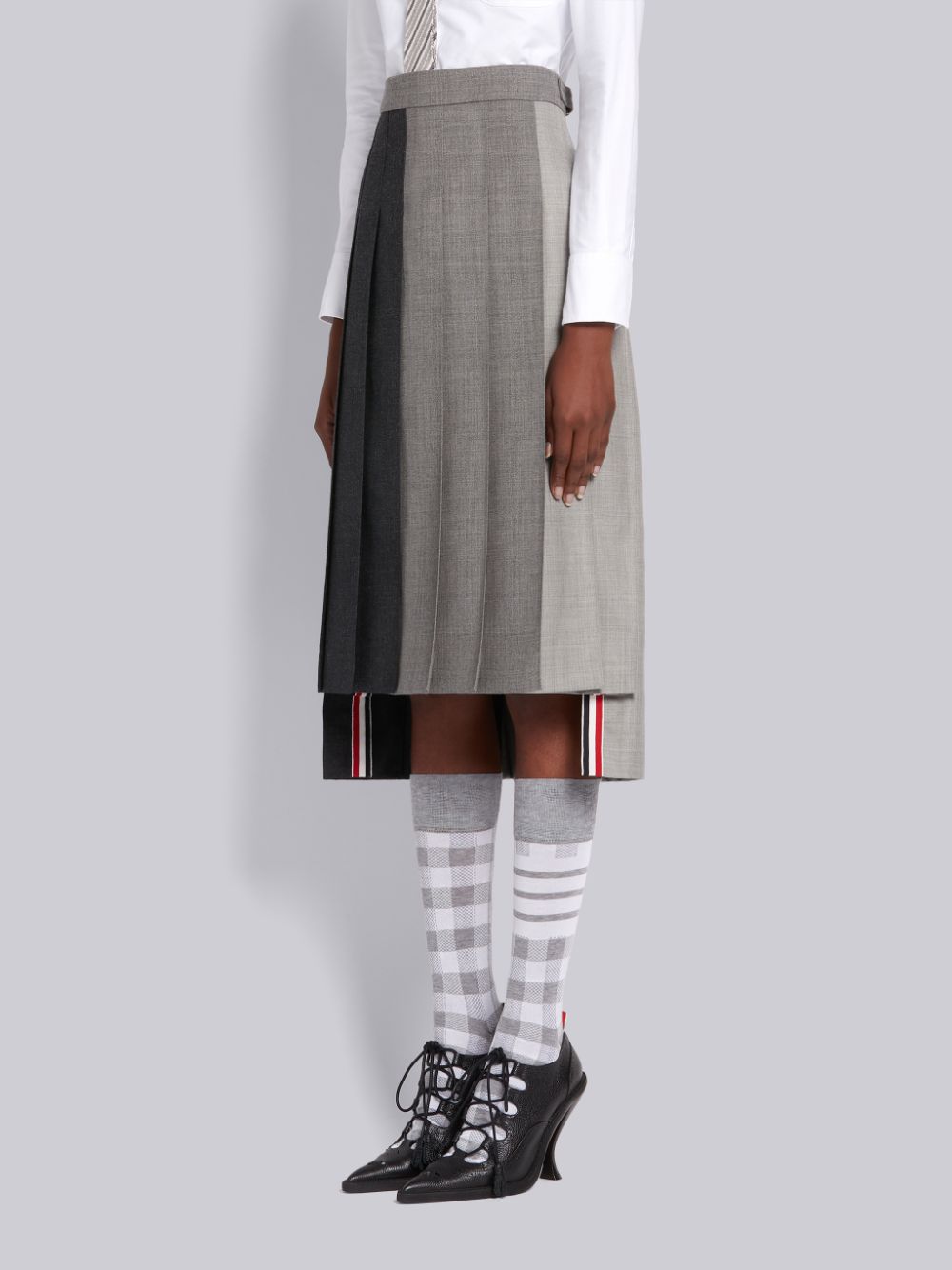 Thom Browne Grey Fun-Mix Wool 2 Ply Fresco Below Knee Classic Pleated Women Skirts Grey | YQU08D82814