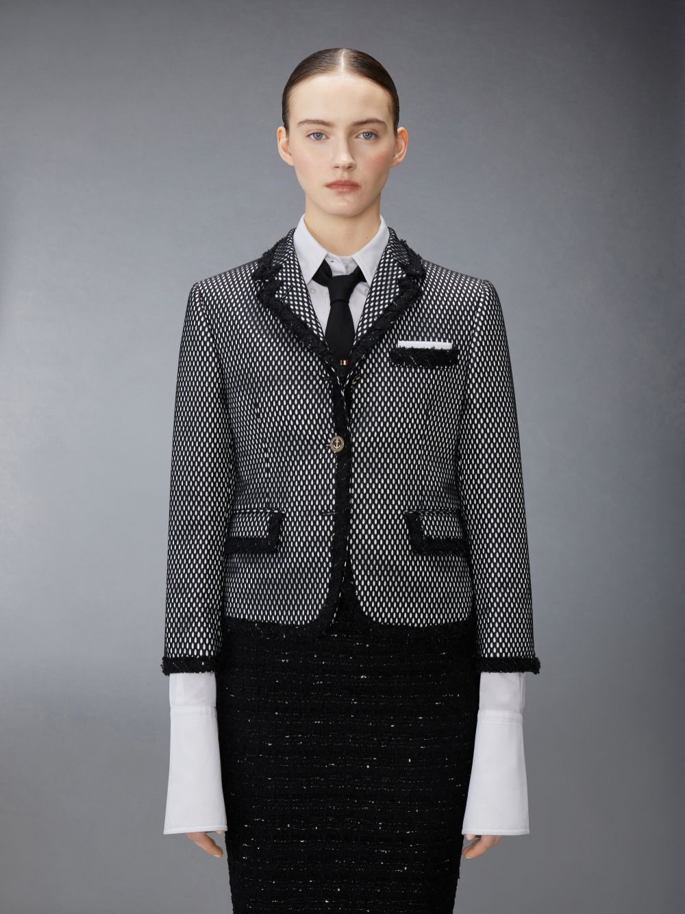 Thom Browne Heavy Athletic Mesh Raw Edge High Break Sport Women Coats Black | AUR68O36155